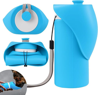 Jalopink Portable Dog Water Bottle, 2-in-1 Leak Proof & Collapsible Silicone Pet Dispenser with Built-in Bowl, Food Grade Travel Cup for Walking, Hiking (19oz/550ml, Blue)