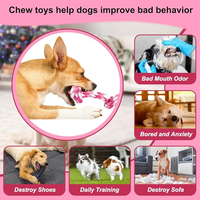 SZEE Dog Rope Toy, 14 in 3 Knots Chew Rope for Small Medium Dogs, Natural Cotton Pull Toy for Tug of War and Teeth Cleaning, Fits Valentine’s Day Vibe (Pink)