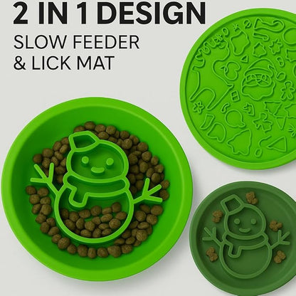 Snowman/Christmas 2-in-1 Silicone Slow Feeder & Licking Mat - BPA Free, Dishwasher Safe, 500ml Capacity, Perfect for Dogs & Cats (Christmas Red)