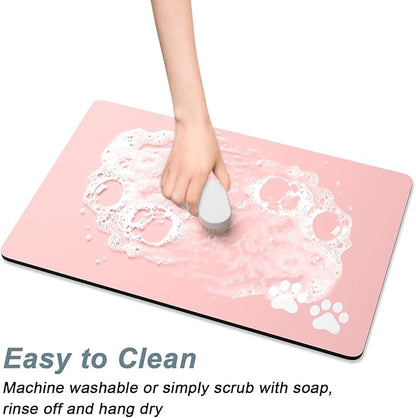 Rnivvi Dog Food Mat, 12" x 19" Footprint Absorbent Dog Cat Bowl Mat for Food and Water, Cute Anti-Slip Rubber Pet Feeding Rug Protect Floors, Puppy Placemat for Feeding & Watering Supplies, Pink