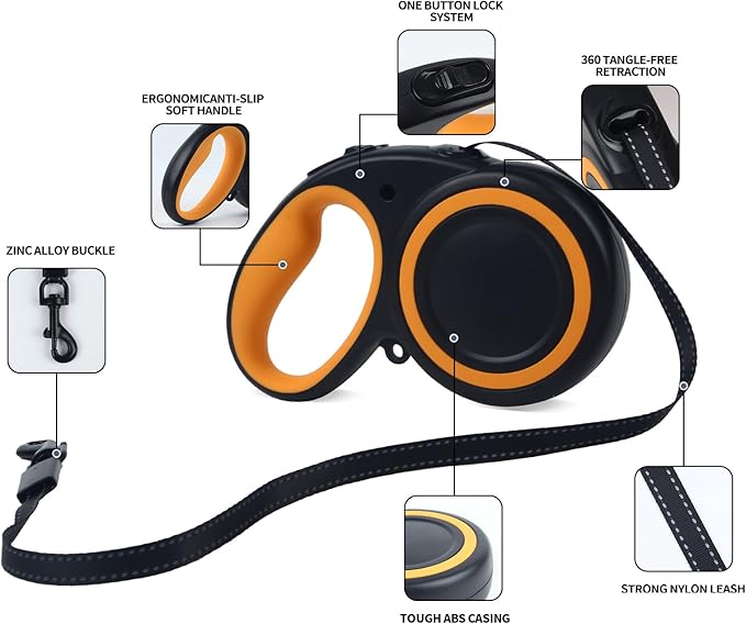 16 Ft Retractable Dog Leash, 360° Tangle-Free Heavy Duty Great Leashs for Dog up to 66lbs with Anti-Slip Handle, Dog Walking Leash for Medium 66lbs Dogs (Black,M)