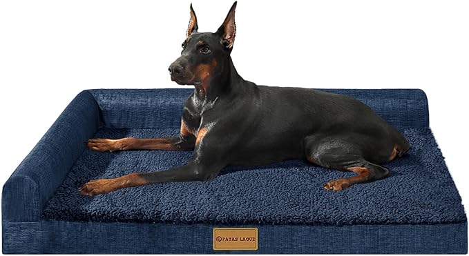 Patas Lague Orthopedic XL Dog Bed Large Sized Dog 48''X30'', Waterproof L Bolster Big Large Pet Sofa Beds with Removable Washable Cover, Soft Comfortable Pet Couch Crate Mat with Nonskid Bottom, Navy