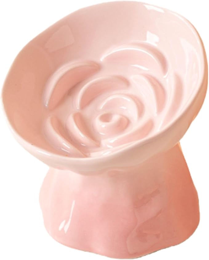 Elevated Ceramic Cat Bowl, Tilted Slow Feeder Pet Dish with Gradient Color Coating, 3.3 Ounces Capacity, Anti-Gulping Design with Rose Bouquet Design (Gradient Pink)