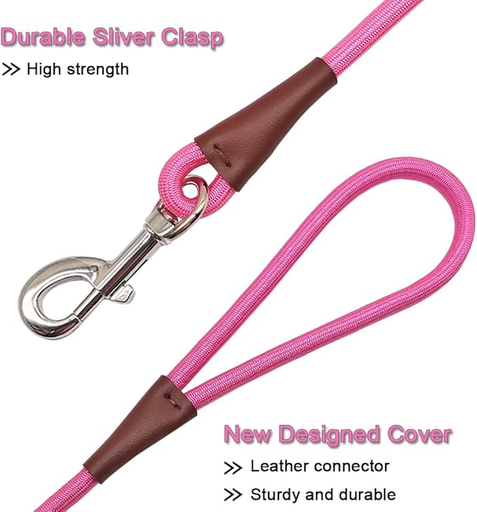 MayPaw 4/6 /8/10 FT Dog Leash, Classic Solid Colors, Strong Nylon Rope Dog Leash Reinforced with Leather Tailor Connection Heavy Duty Silver Clasp (Pink, 10ft*1/2")