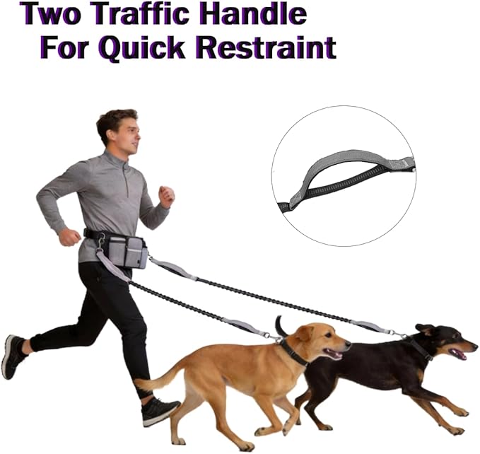 Hands Free Dog Leash for 2 Dogs, Adjustable Waist Belt, Reflective Stitching Leash with Double Padded Handles for Running, Hiking