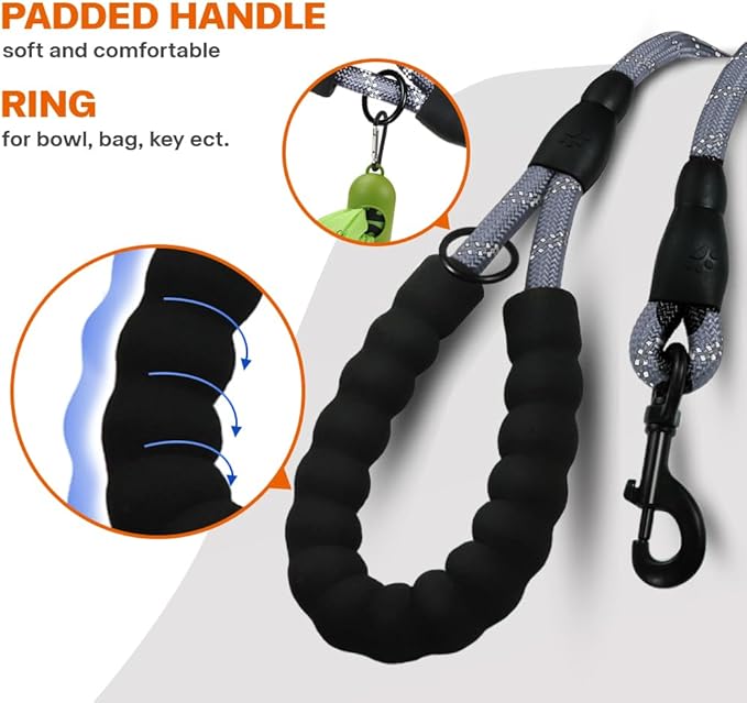 Taglory Rope Dog Leash 5 FT with Comfortable Padded Handle, Highly Reflective Threads Leash and Anti-Tangle Clip for Walking Medium Large Dogs, 1/2 inch, Grey