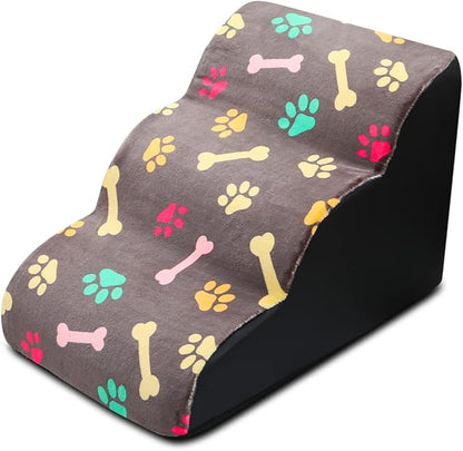 Pet Stairs, 3-Steps Dog Stairs, Removable and Washable Dog Stairs with Slope Steps and Non-Slip Bottom, Soft and Comfortable Dog Ramp(Dark Grey - Bones)