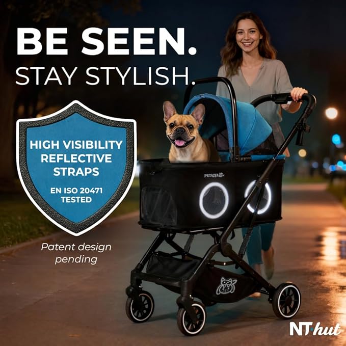 NT Hut WagZee Dog Stroller for Small & Medium Dogs & Cats, Foldable Pet Stroller with 360 Mesh Windows, One-Click Fold, Storage Basket, Cup Holder, Black Teal