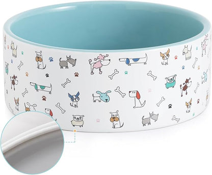 FE FUN ELEMENTS Ceramic Dog Bowls for Small Dogs, 16 Fl Oz Heavy Food and Water Bowl With Adorable Patterns (Small, Blue)