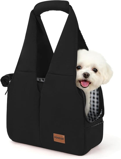 Dog Purse Carrier for Small Dogs and Cats, Soft-Sided Pet Tote Bag with 6 Large Pockets, Collapsible Travel Puppy Carrier, Fits Pets up to 16 lbs (Black, 17.5" L x 8" W x 12" H)