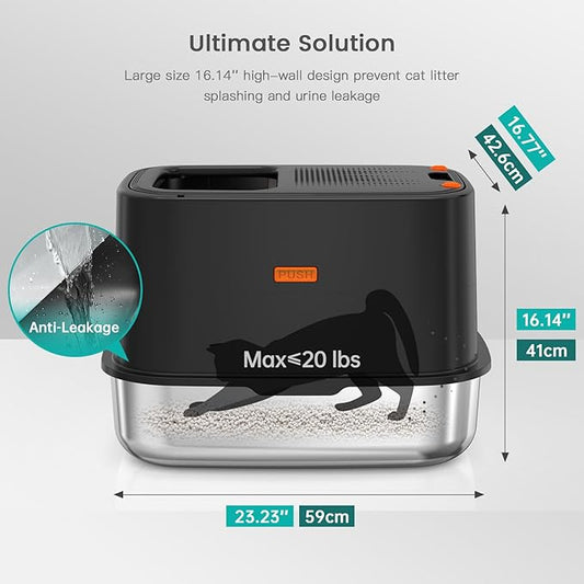 Enclosed Stainless Steel Cat Litter Box with Lid, XL Extra Large Litter Box for Big Cats, Metal Litter Pan High Sided, Never Absorbs Odors, Anti-Urine Leakage, Include Scoop (V-Black)