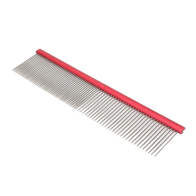Dog Comb, 2-in-1 Stainless Steel Rounded Ends Dog Grooming Comb Pet Comb with Two Different Densities of Steel Teeth for Grooming Matting, Red