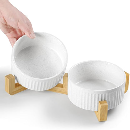 Non-Slip Ceramic Dog Bowls with Wood Stand,6" Dog Food and Water Bowl Set with Silicone Base, 32 OZ/4 Cups Weighted Flip-Proof Pet Feeding Bowl for Small Dogs and Cats (Medium,White)