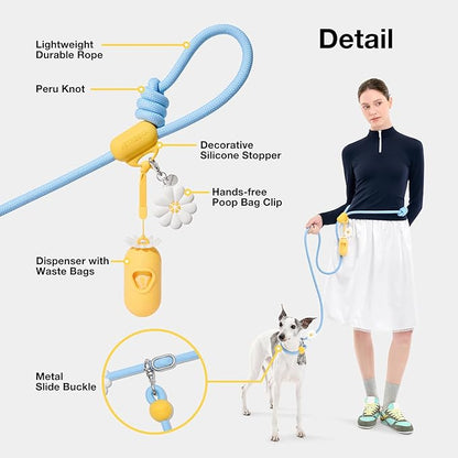 VETRESKA Hands-Free Dog Leash, 8FT Adjustable Rope Leash for Medium Large Dogs, Waist/Crossbody Slip Lead Leashes for Walking, No Pull Dog Leashes with Bag Dispenser, Clip, 3 in 1 Walk Kit (Daisy)