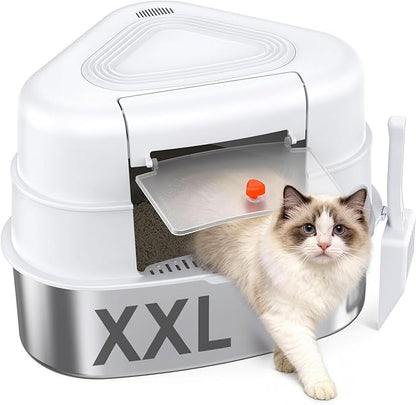 XXL Stainless Steel Corner Cat Litter Box with Lid - Sturdy, No Odor & Space-Saving Hidden Design for Large Cats, White