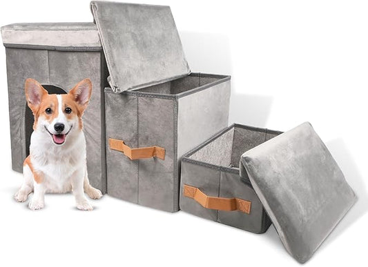 Dayard Dog Stairs with Storage, Foldable Dog Steps for Sofa High Beds, Portable Pet Storage Stepper for Small Pets Dogs Cats, 3 Steps Grey