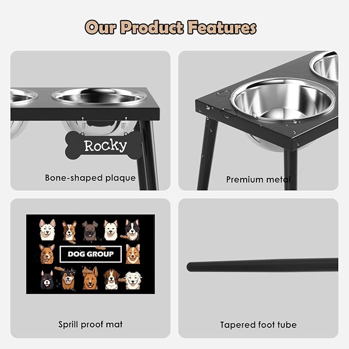 Metal Raised Dog Bowl Stand for Large and Medium Dogs, Stronger Elevated Dog Bowls with Sprill Proof Mat, Pet Food & Water Bowls 10" Tall Dogs Feeder (58OZ-Stainless Steel Pet Bowl, Mat-16x24)