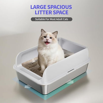 2 Pack Stainless Steel Cat Litter Box with Lid, Large Metal Litter Pan for Adult Cats, Multi-Cats, High Sides with Anti-Leakage Enclosure, Easy Cleaning, Non-Stick, Anti-Scratch,Include Scoop