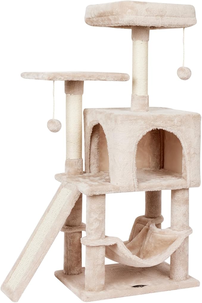 MIAO PAW Cute Cat Tree Tower for Indoor Cat Tower with Scratching Post Modern Activity House Hammock Hanging Ball Condo with Board Beige