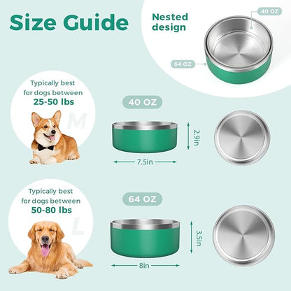 LIHONG Stainless Steel Dog Bowls for Small Medium Sized Dogs Non Slip,Insulated Dog Bowl,Pet Bowl for Food and Water,Rustproof(40oz,Deep Green)