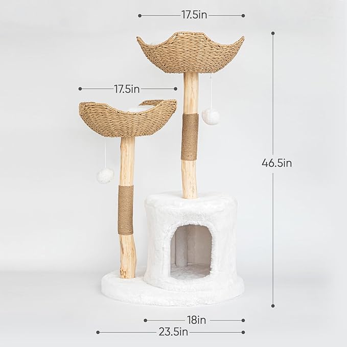 Modern Cat Tree for Indoor Cats Large Adult, 46.5" Tall Wooden Cat Tower for Large Cats with Scratching Post, Luxury Cat Condo, White