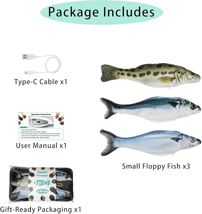 Realistic Floppy Fish Cat Toys, 3 Pack Mini-Sized, Moving Cat Toy Flopping Fish for Indoor Kitten, Sardine/Saury/Bass Interactive Cat Toys, Touch Activated, Rechargeable.