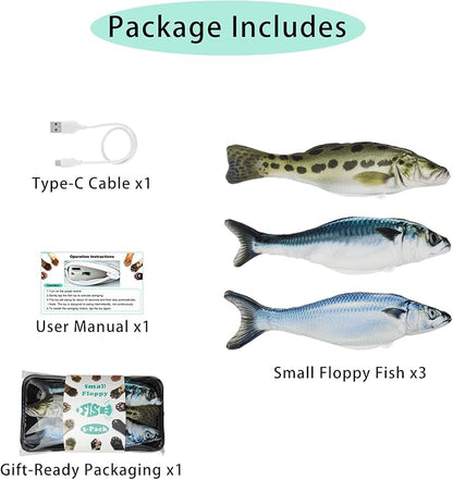 Realistic Floppy Fish Cat Toys, 3 Pack Mini-Sized, Moving Cat Toy Flopping Fish for Indoor Kitten, Sardine/Saury/Bass Interactive Cat Toys, Touch Activated, Rechargeable.