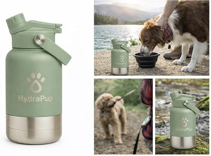 32oz Insulated Water Bottle with Dog Bowls – Human & Pet Shared Use, Stainless Steel Leakproof Travel Bottle (Sage Green)