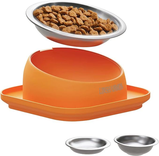 Elevated Cat Food Bowl, Tilted Feeding Stand, Whisker Friendly, Slanted Flat Plastic Feeder, Orange