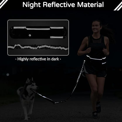 Hands Free Dog Leash with Waist Bag for Large Dog Walking, Shock Absorbing Bungee Leash with Zipper Pouch for Running, Dual Padded Handles & Adjustable Waist Belt