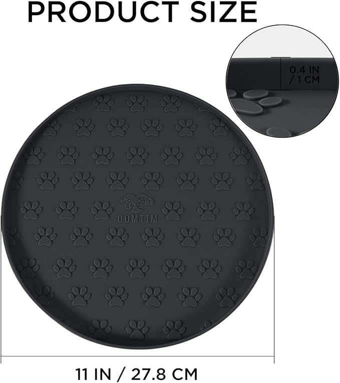 Comtim Waterproof Dog Food Mat - 2 Pack Silicone Pet Food Mat Dog Food Bowl Mats Cat Water Mats Eating Tray, Non-Slip Pet Placemat with Lip for Messy Drinkers to Protect Floor, Black 11"×11"
