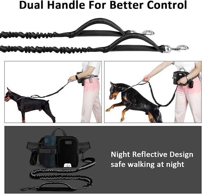 ETACCU Hands Free Dog Leash with Phone Pouch, Water Bottle Holder - Adjustable Waist Belt 19-38 Inch Belt Leash for Running, Reflective Shock Absorbing 48"-70" Extendable