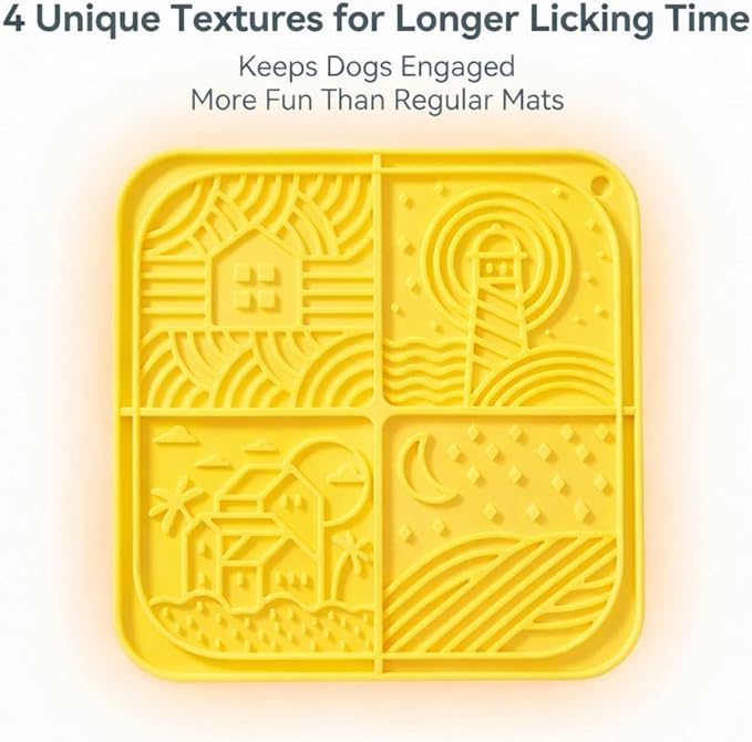 Dog Lick Mat with Suction Cups, 4-Texture Enrichment Slow Feeder for Dogs & Cats, Non-Slip Silicone Licking Pad for Anxiety Relief, Bathing & Training (Yellow)