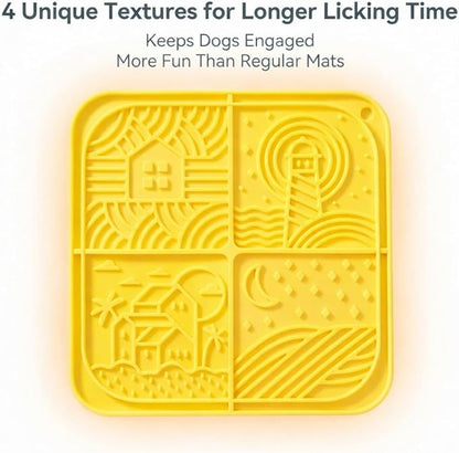Dog Lick Mat with Suction Cups, 4-Texture Enrichment Slow Feeder for Dogs & Cats, Non-Slip Silicone Licking Pad for Anxiety Relief, Bathing & Training (Yellow)