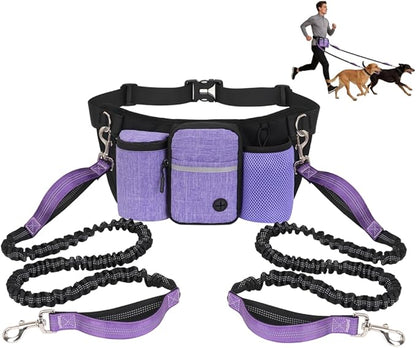 Hands Free Dog Leash for 2 Dogs, Adjustable Waist Belt, Reflective Stitching Leash with Double Padded Handles for Running, Hiking