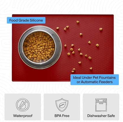 GORILLA GRIP 100% Waterproof Raised Edge BPA Free Silicone Pet Feeding Mat, Dog Cat Food Mats Contain Spills Protects Floors, Placemats for Cats and Dogs Water Bowl, Pets Accessories 32x24 Red