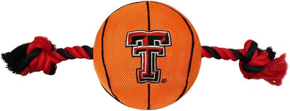 NCAA Texas TECH RED Raiders Basketball Rope Toy for Dogs & Cats. Tough Nylon, Sporty Basketball Design, Heavy-Duty Ropes with Inner Squeaker