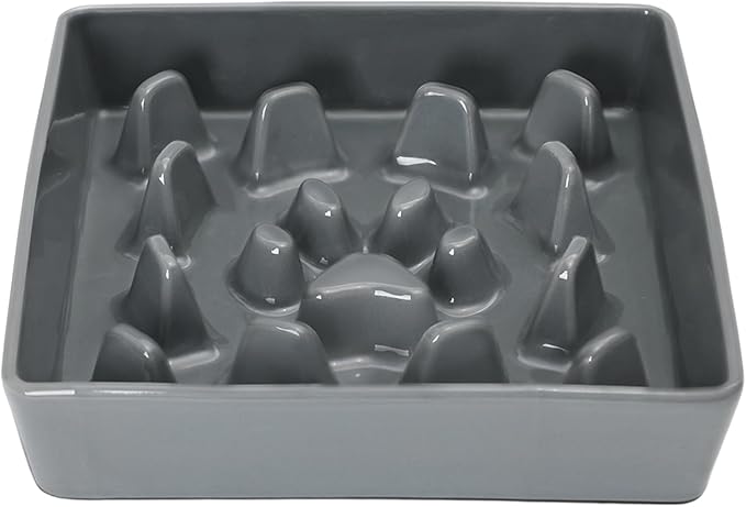 GDCZ Dog Slow Feeder Bowls, Square Ceramic Pet Food Bowl for Medium Breed, Fun Dog Bowls to Slow Down Eating (Grey, M-1.8 Cups)