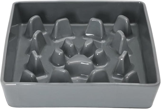 GDCZ Dog Slow Feeder Bowls, Square Ceramic Pet Food Bowl for Medium Breed, Fun Dog Bowls to Slow Down Eating (Grey, M-1.8 Cups)