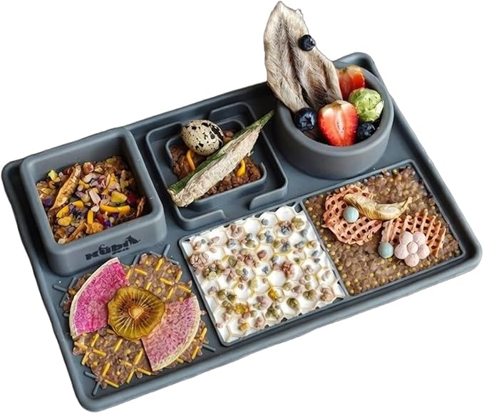 Snack Board Slow Feeder for Dogs – Large Enrichment Feeding Board with Mini Bowls & Flat Sections, Perfect for Treats & Meals | Kubi Pets (Gray)