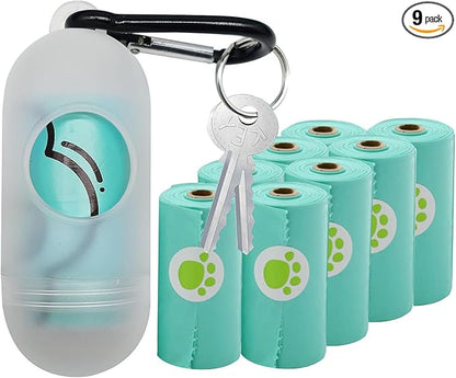 2 Pack Dog Poop Bag Holder with 2 Rolls of Blue Leak-Proof Dog Waste Bags Poop Bag Dispenser with Leash Clip Key Ring (Clear, 1 Holder 135 Bags)