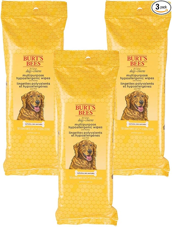 Burt's Bees for Pets Honey Multipurpose Dog Grooming Wipes, Gentle Hypoallergenic Spot Cleaning Sheets, pH Balanced Natural Origin Formula for Paws, Face and Butt, 50 Count - 3 Pack