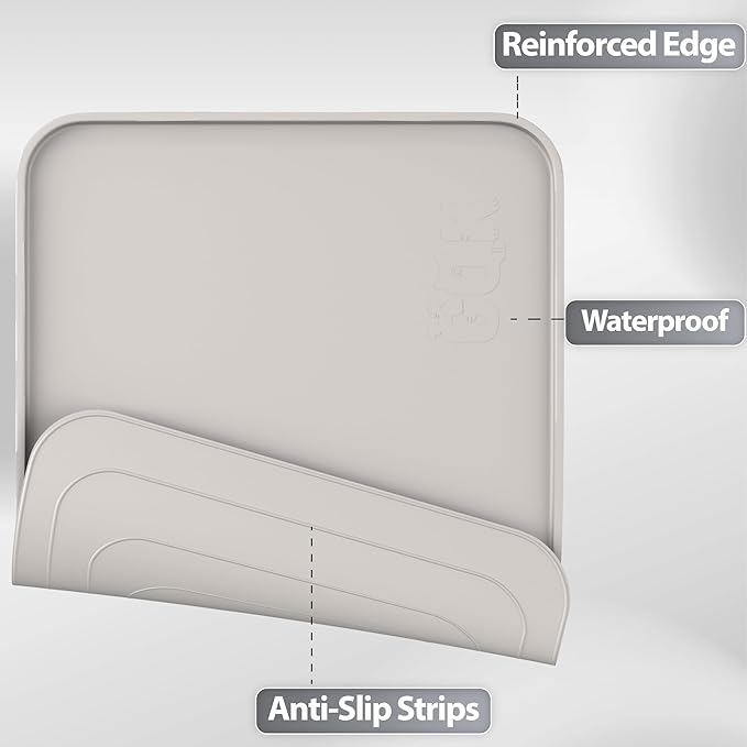 Silicone Dog Food Mat, Waterproof Anti-Slip Pet Feeding Mat with Warped Resistant Raised Edge,Spill-Proof Lip Floor Protection,Dishwasher-Safe Pet Placemat for Dogs & Cats(L 24" x 16" Beige Gray)