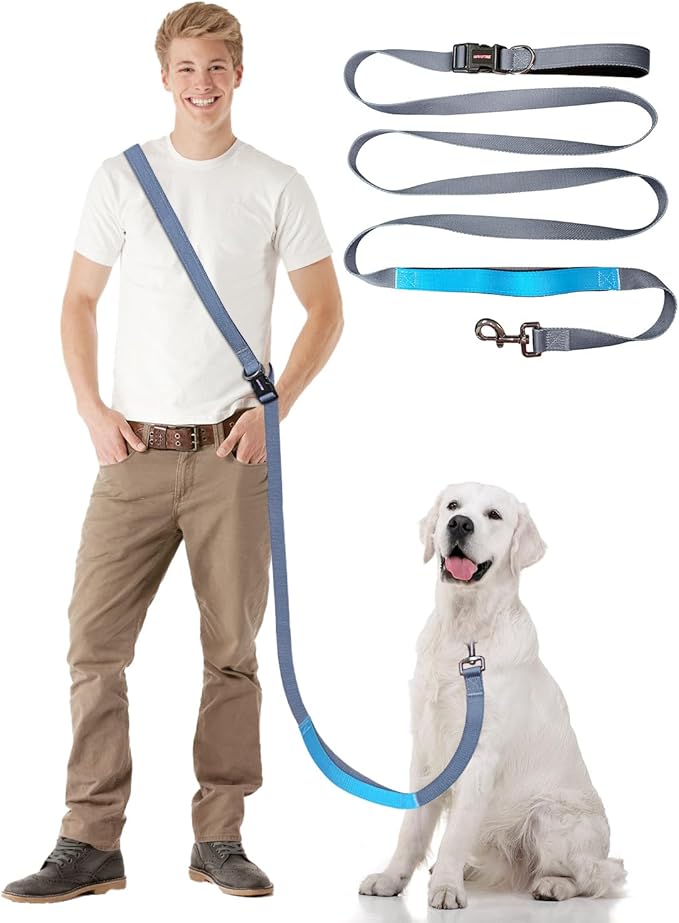Hands Free Dog Leash, 5.1-8.9Ft Crossbody Long Leash, Waist Dog Belt for Small & Medium Dogs, City Walking & Running Outdoor Hiking &Travel etc. (Grey Blue)