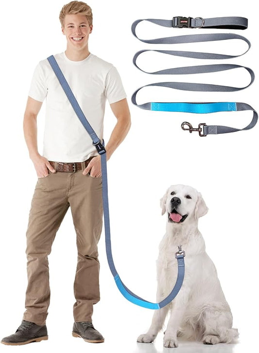 Hands Free Dog Leash, 5.1-8.9Ft Crossbody Long Leash, Waist Dog Belt for Small & Medium Dogs, City Walking & Running Outdoor Hiking &Travel etc. (Grey Blue)
