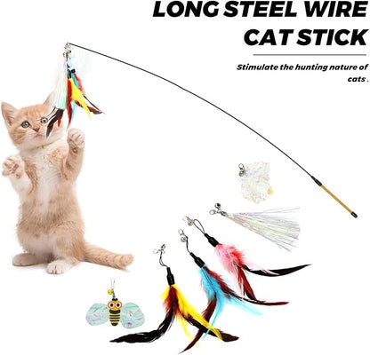 Andiker Cat Wand Toy with 2 PCS 12 Inches Replaceable Colorful Rainbow Tassels and Little Bells Funny and Interesting Cat Toys for Indoor Cats Keeping Fit (6 Replacements, Count, 7)