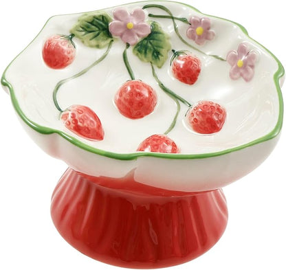 Raised Slow Feeder Cat Bowl, Ceramic Elevated Small Cat Food Bowl, 15°Titled Food Bowls Small Dogs Slow Feeder, Strawberry Shaped Cute Pet Dish for Dry and Wet Foods(Pink)