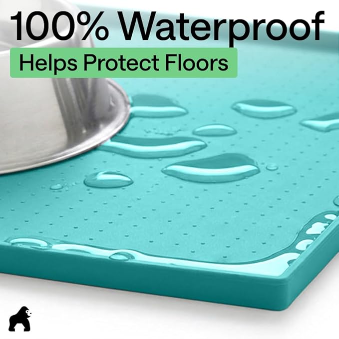 GORILLA GRIP 100% Waterproof Raised Edge BPA Free Silicone Pet Feeding Mat, Dog Cat Food Mats Contain Spills Protects Floors, Placemats for Cats and Dogs Water Bowl, Pets Accessories 23x15 Turquoise