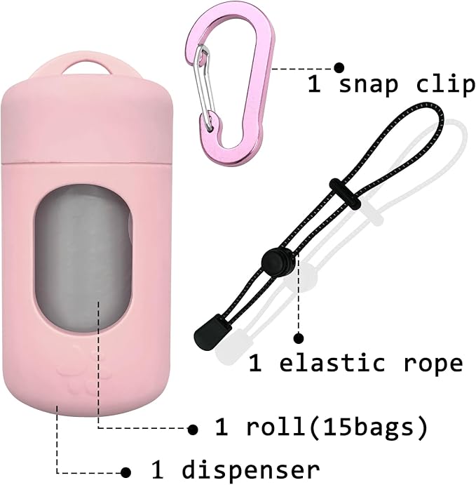 Dog Poop Bag Dispenser for Leash with Snap Clip, Skin-friendly Texture Waste Bag Holder for Dog Walks and Cats, Pets Litter Bag Container, Indoor & Outdoor Use (Pink, 1)