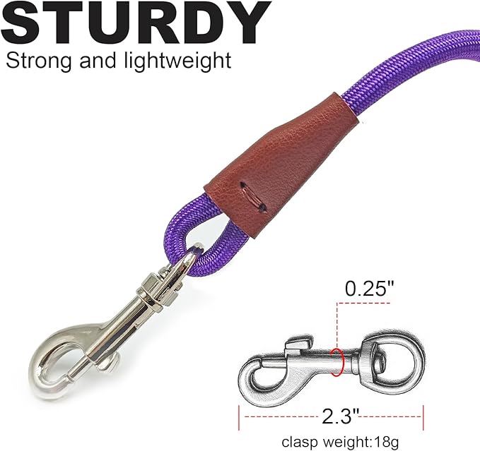 Small Dog Leash, 1/4" by 6/8/10 FT Lightweight Strong Nylon Rope Leash, Bright Classic Lead for Small Pets/Puppy/Cat (8ft, Purple)
